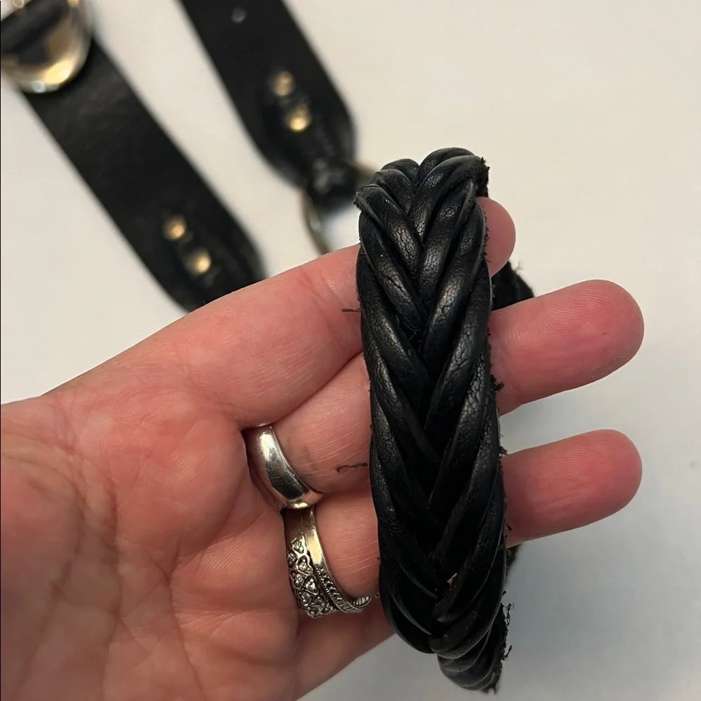 BRIGHTON VINTAGE BRAIDED BLACK LEATHWR BELT WITH SILVER HARDWARE